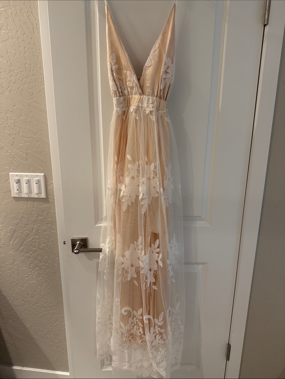 Pinkblush Beige Maxi Dress with White Floral Lace Overlay